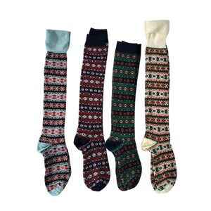 Vtg New‎ 4 pair Retro Knee Socks Fair Isle Nordic Women Lot NOS Two Feet Ahead